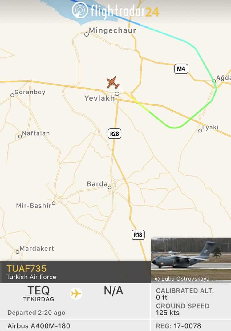 A Turkish military flight landing at Yevlakh, Azerbaijan using Georgian Airspace. 