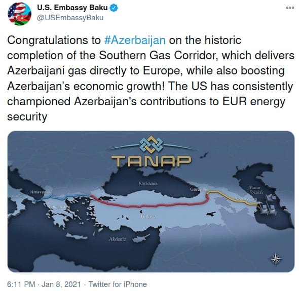 Congratulatory Tweet from US Embassy in Baku