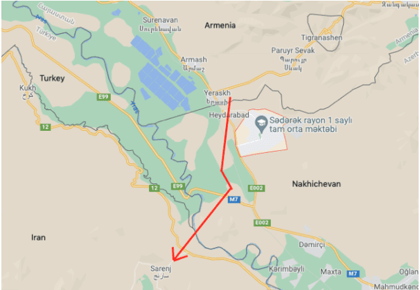 Map of stolen fuel taken from Armenia, across Nakhichevan, into Iran