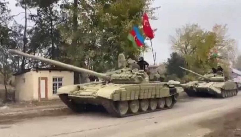 Azerbaijani tank entering conquered lands